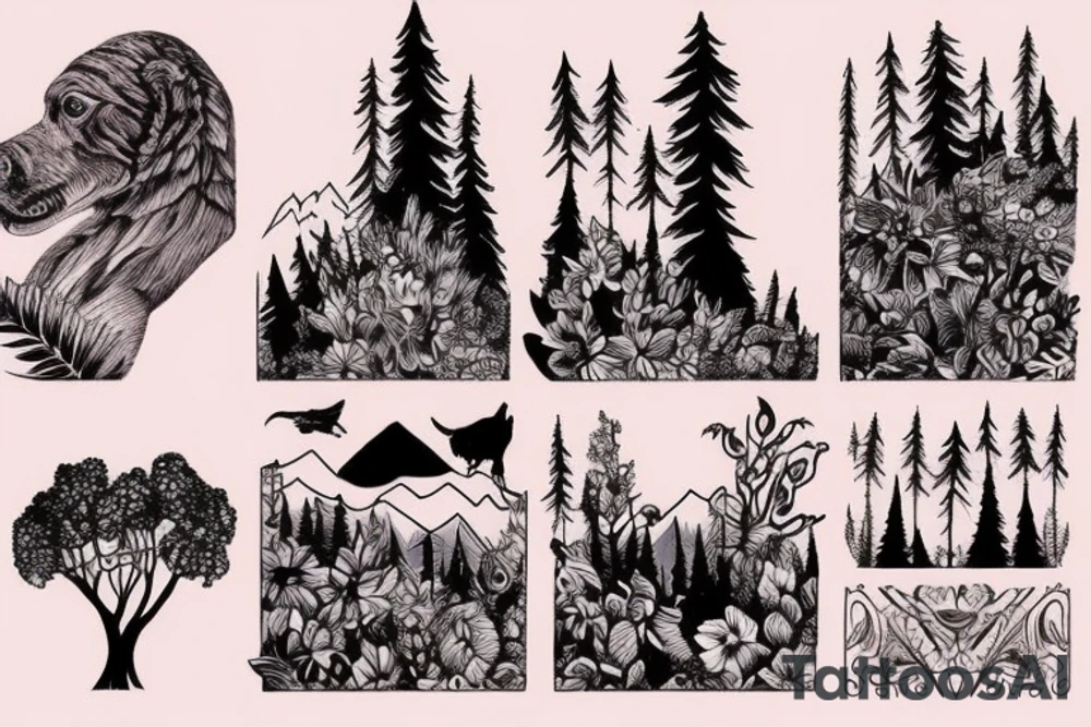 Arm with animals, forest, mountains tattoo idea