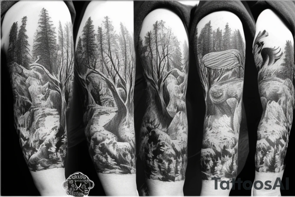 Arm with animals, forest, mountains tattoo idea