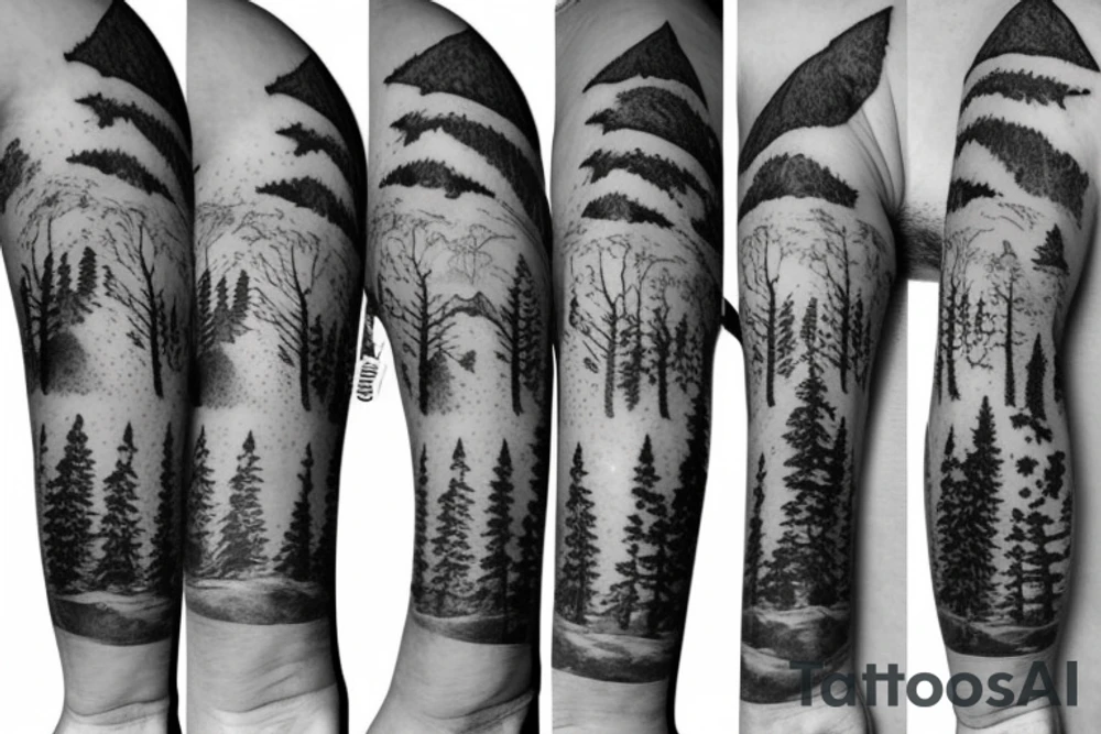 Arm with animals, forest, mountains tattoo idea