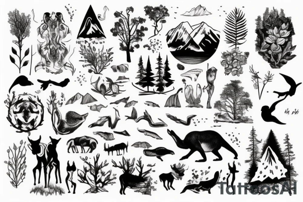Arm with animals, forest, mountains tattoo idea