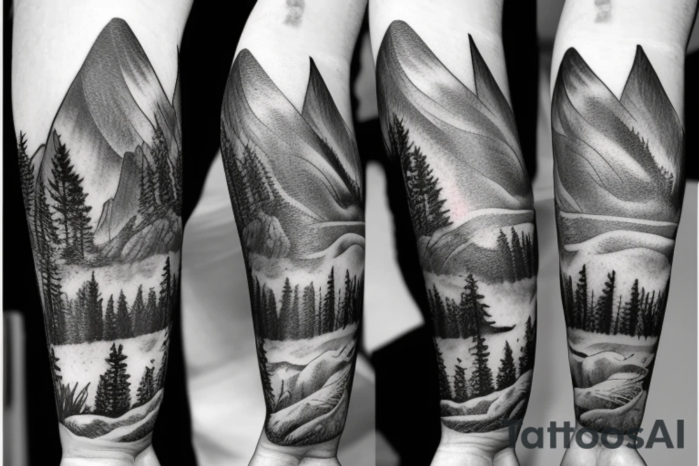 Arm with animals, forest, mountains tattoo idea