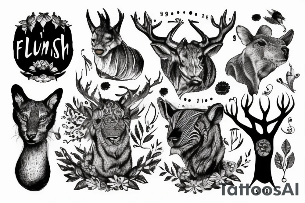 Arm with animals, forest, mountains tattoo idea