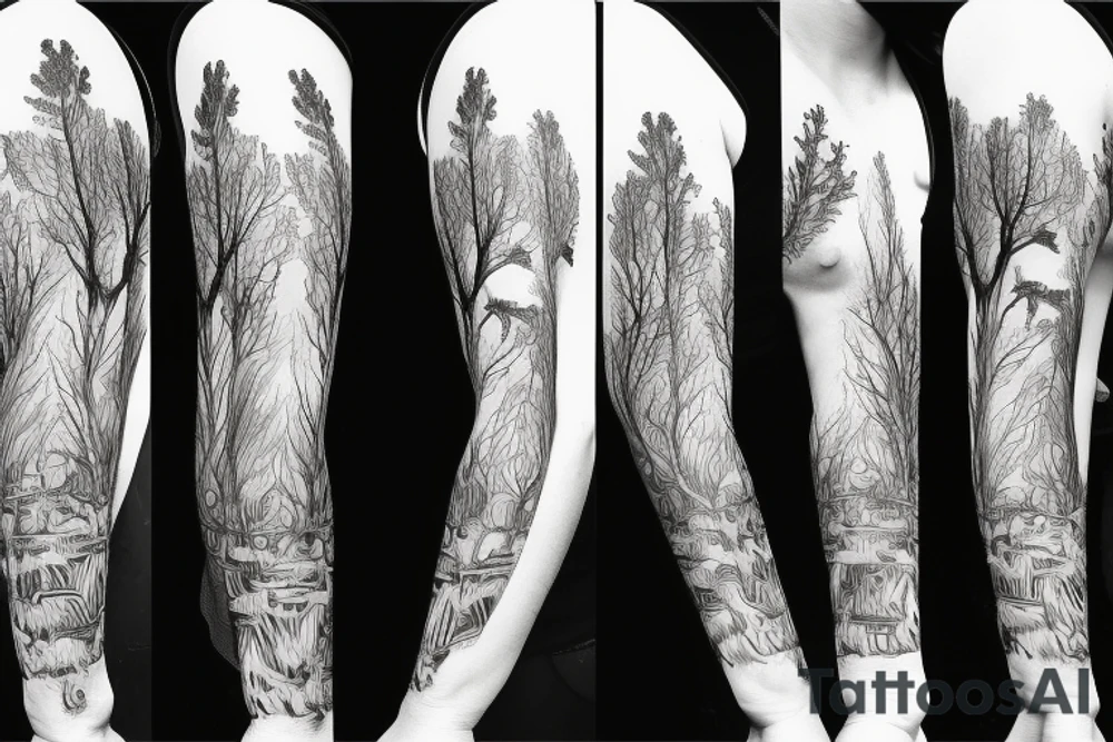 Arm with animals, forest, mountains tattoo idea