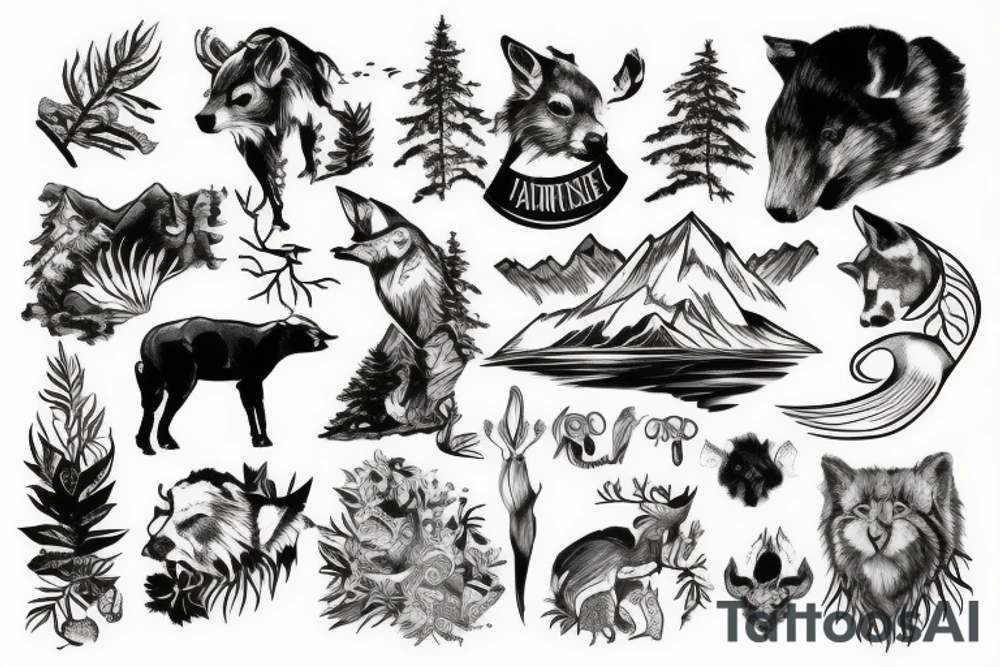 Arm with animals, forest, mountains tattoo idea