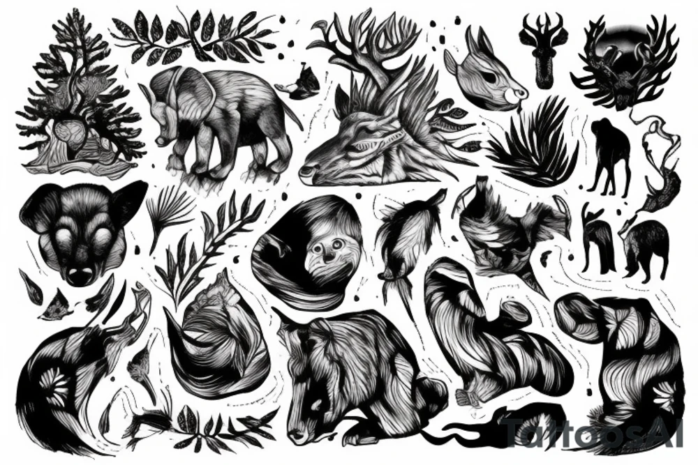 Arm with animals, forest, mountains tattoo idea