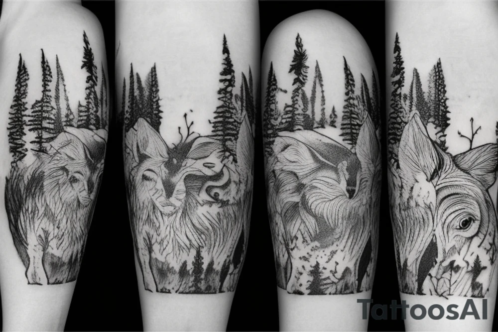 Arm with animals, forest, mountains tattoo idea