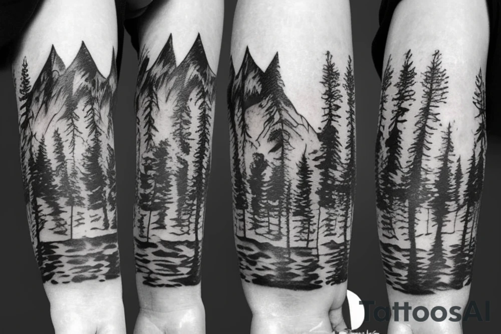 Arm with animals, forest, mountains tattoo idea