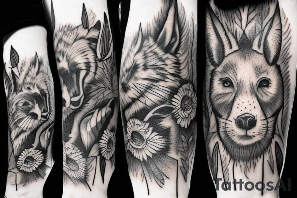Arm with animals, forest, mountains tattoo idea