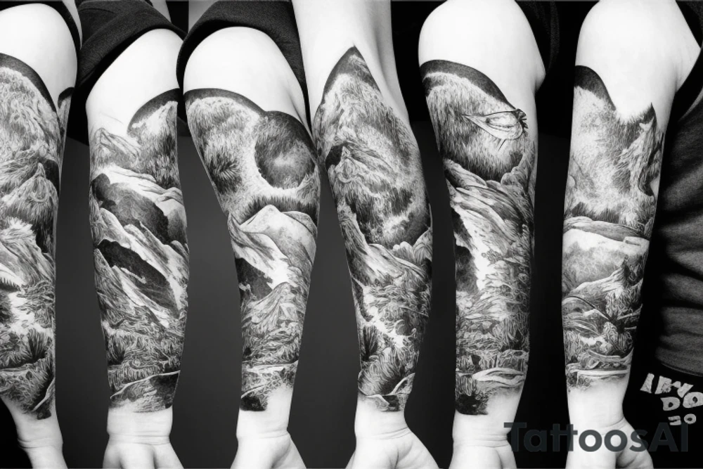 Arm with animals, forest, mountains tattoo idea