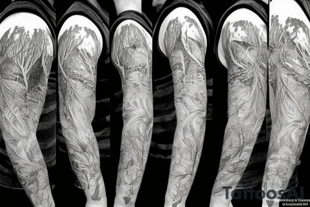 Arm with animals, forest, mountains tattoo idea