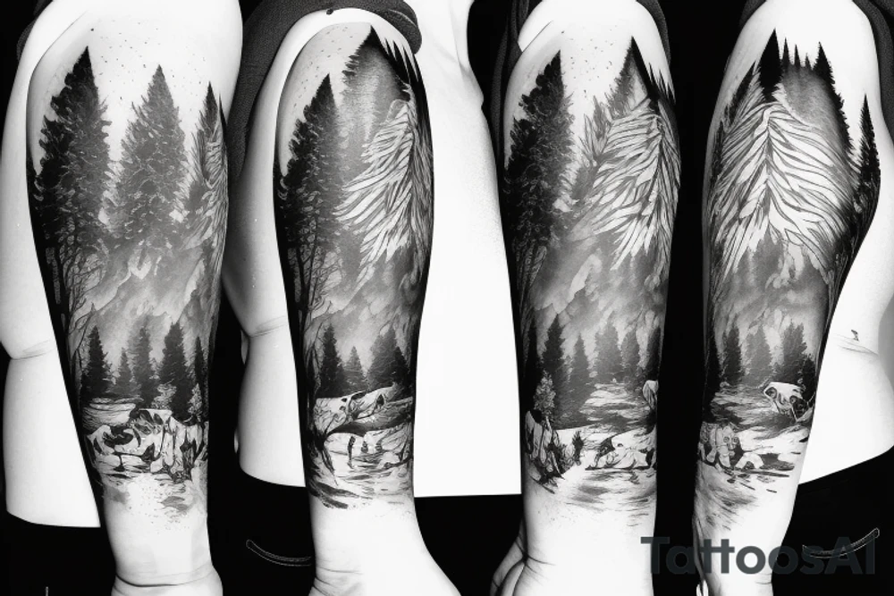 Arm with animals, forest, mountains tattoo idea