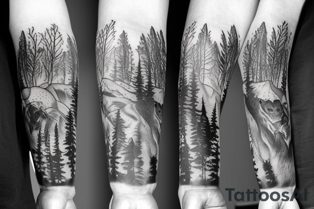 Arm with animals, forest, mountains tattoo idea