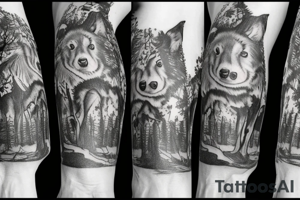 Arm with animals, forest, mountains tattoo idea