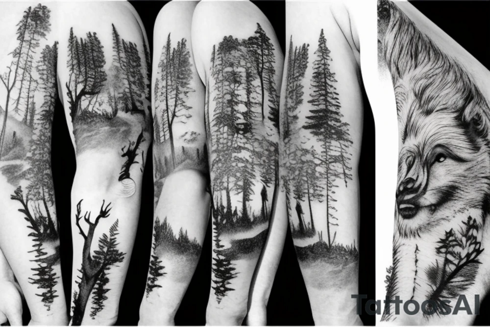 Arm with animals, forest, mountains tattoo idea