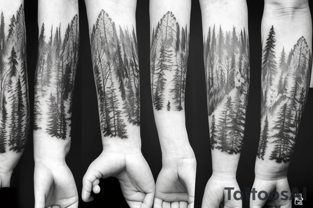 Arm with animals, forest, mountains tattoo idea