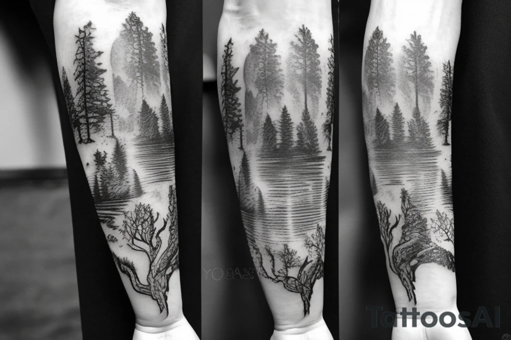 Arm with animals, forest, mountains tattoo idea