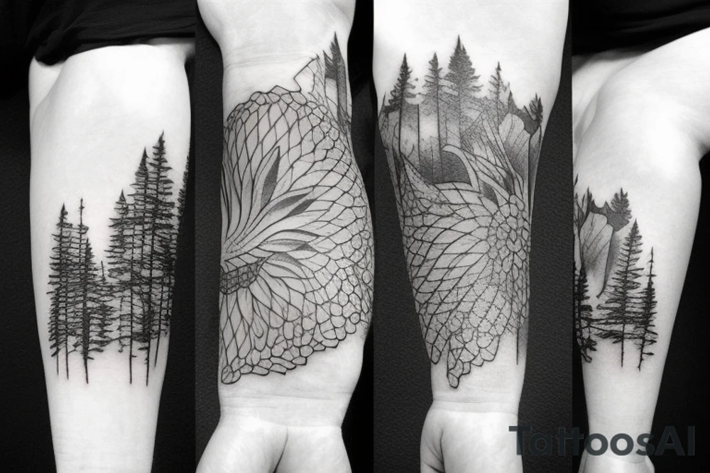 Arm with animals, forest, mountains tattoo idea