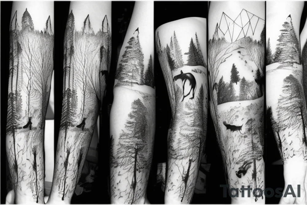 Arm with animals, forest, mountains tattoo idea
