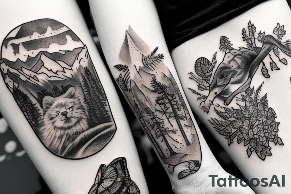 Arm with animals, forest, mountains tattoo idea