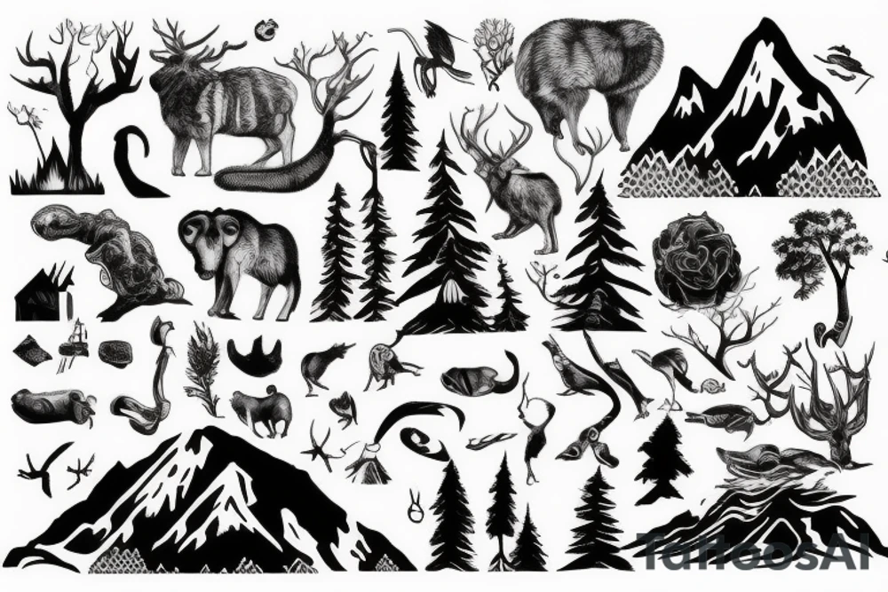 Arm with animals, forest, mountains tattoo idea
