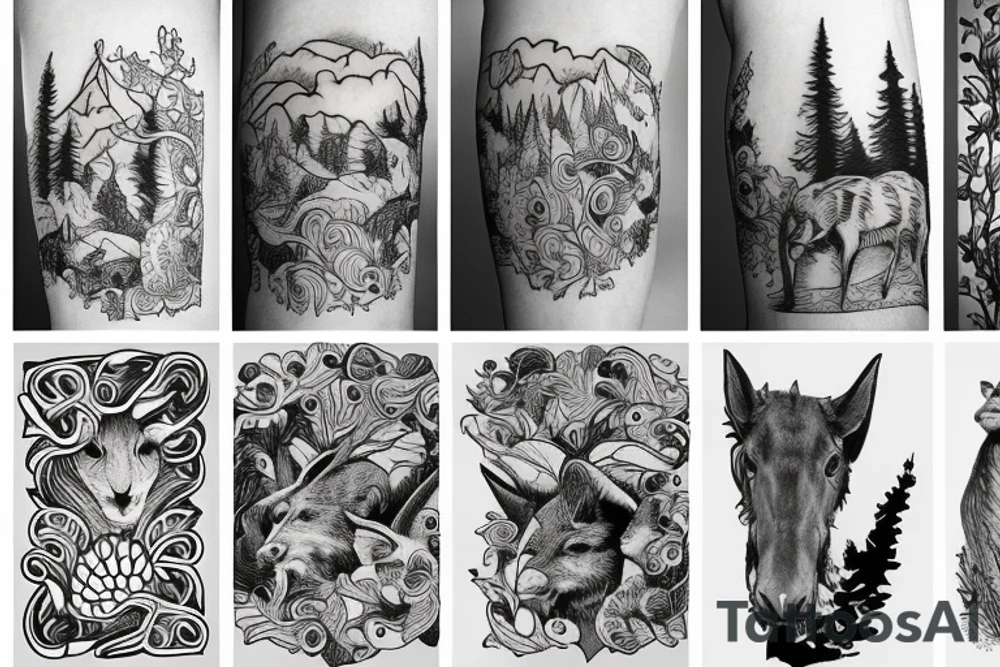 Arm with animals, forest, mountains tattoo idea
