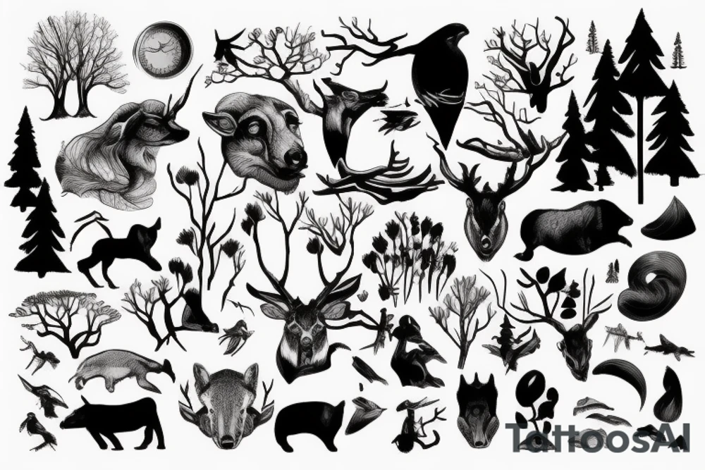 Arm with animals, forest, mountains tattoo idea