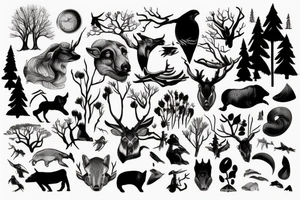 Arm with animals, forest, mountains tattoo idea
