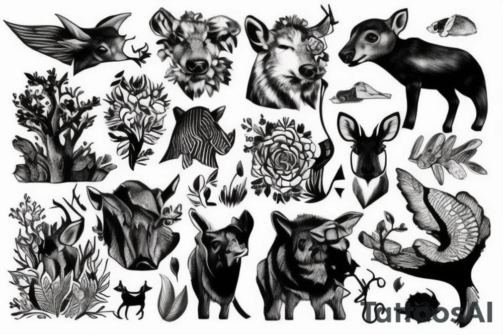 Arm with animals, forest, mountains tattoo idea