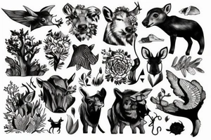 Arm with animals, forest, mountains tattoo idea
