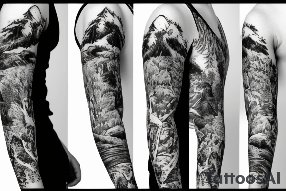 Sleeve with animals, forest, mountains tattoo idea