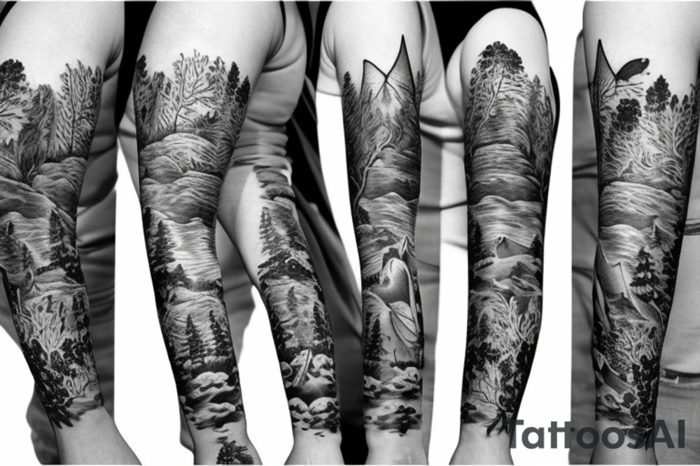 Sleeve with animals, forest, mountains tattoo idea