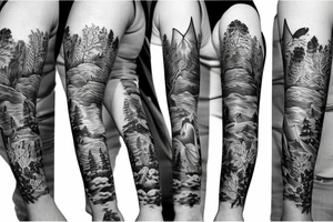 Sleeve with animals, forest, mountains tattoo idea