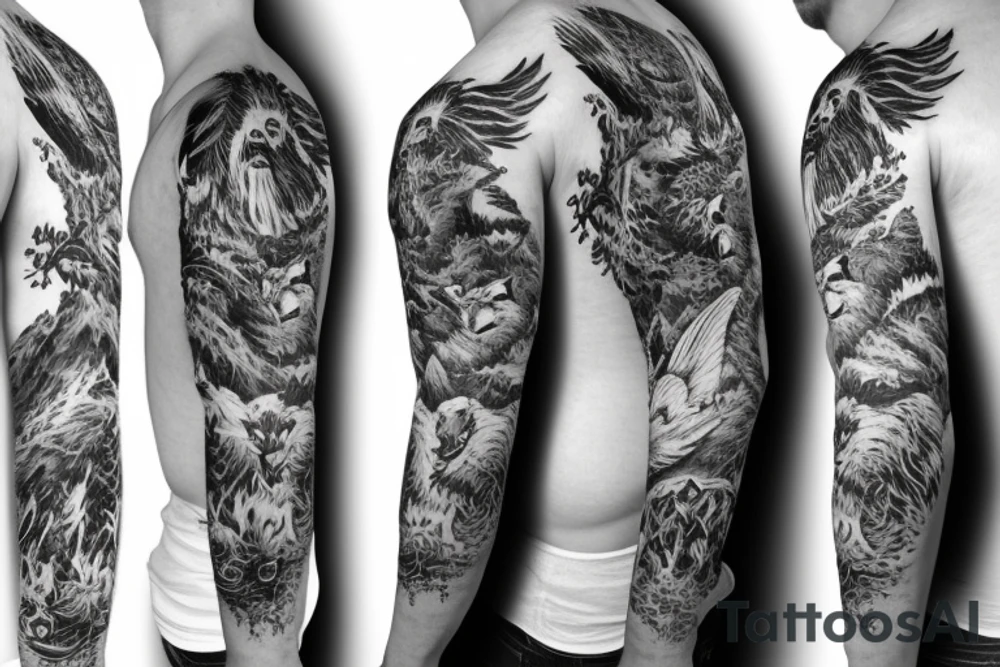 Sleeve with animals, forest, mountains tattoo idea