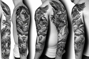 Sleeve with animals, forest, mountains tattoo idea