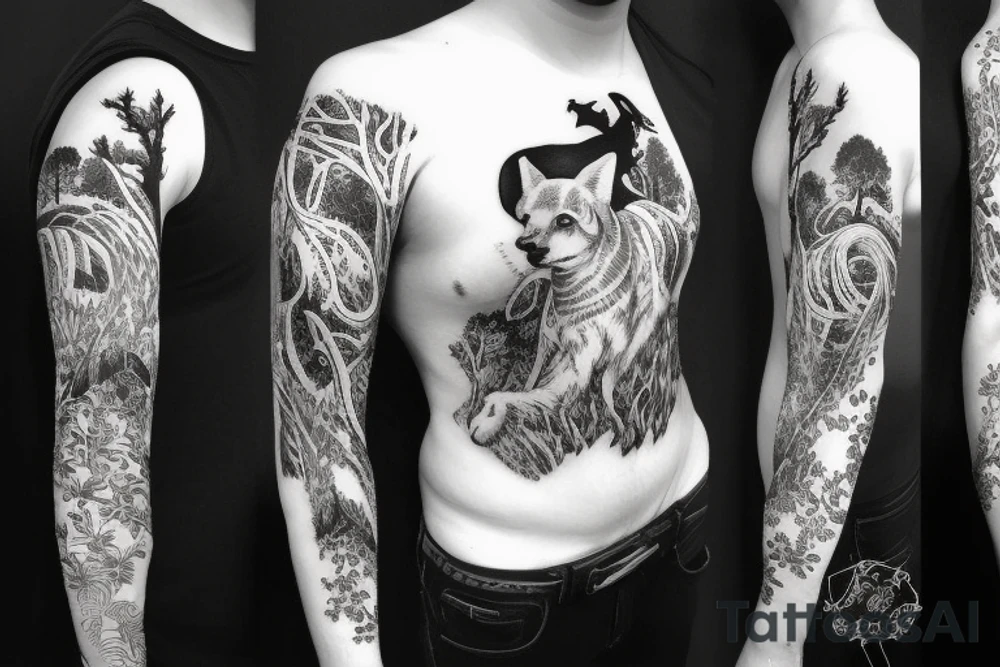 Sleeve with animals, forest, mountains tattoo idea