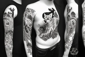 Sleeve with animals, forest, mountains tattoo idea