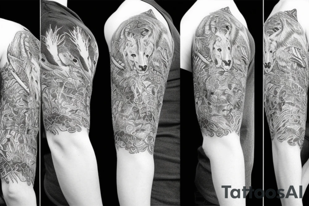 Sleeve with animals, forest, mountains tattoo idea