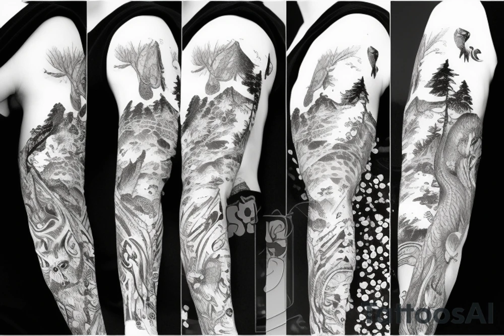 Sleeve with animals, forest, mountains tattoo idea