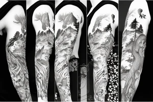 Sleeve with animals, forest, mountains tattoo idea