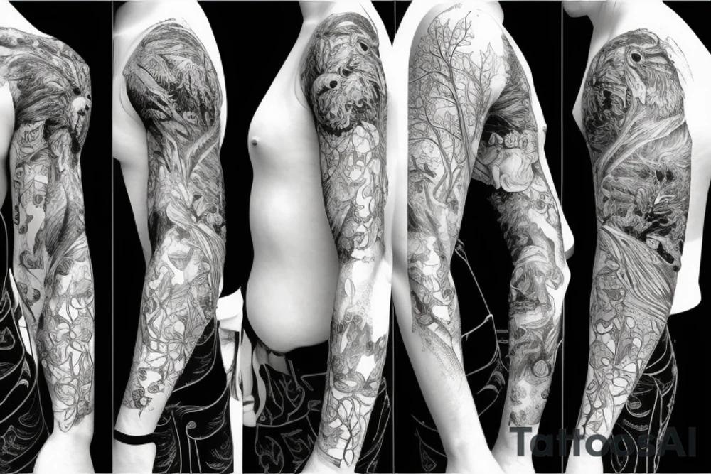 Sleeve with animals, forest, mountains tattoo idea