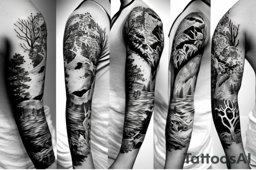 Sleeve with animals, forest, mountains tattoo idea