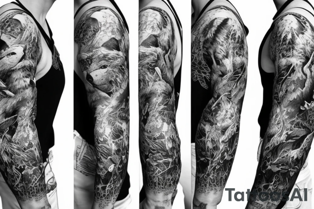 Sleeve with animals, forest, mountains tattoo idea