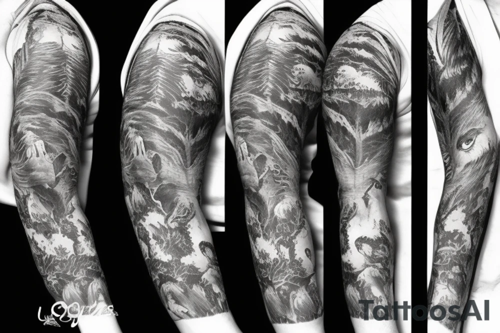 Sleeve with animals, forest, mountains tattoo idea
