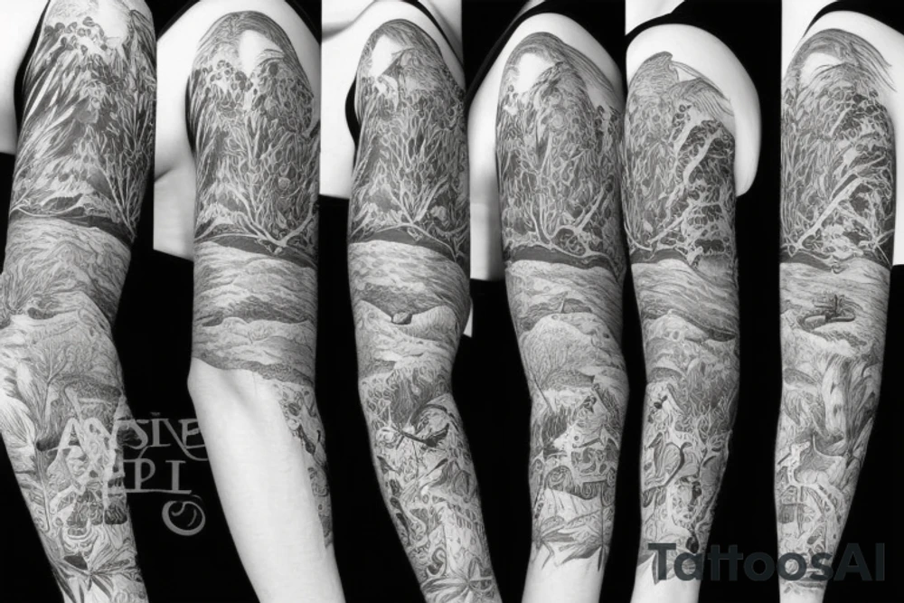 Sleeve with animals, forest, mountains tattoo idea