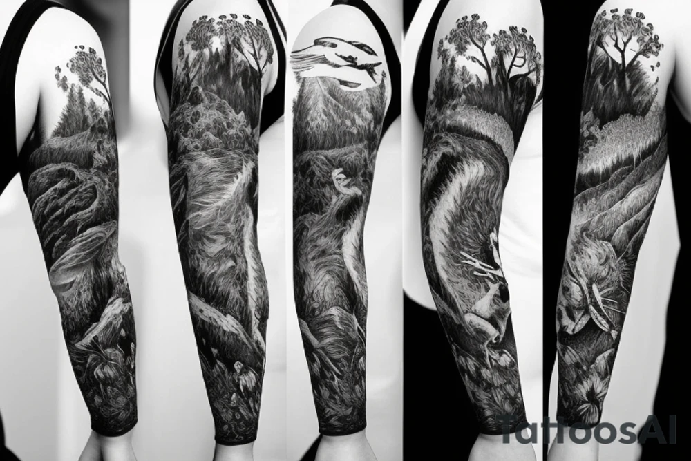 Sleeve with animals, forest, mountains tattoo idea