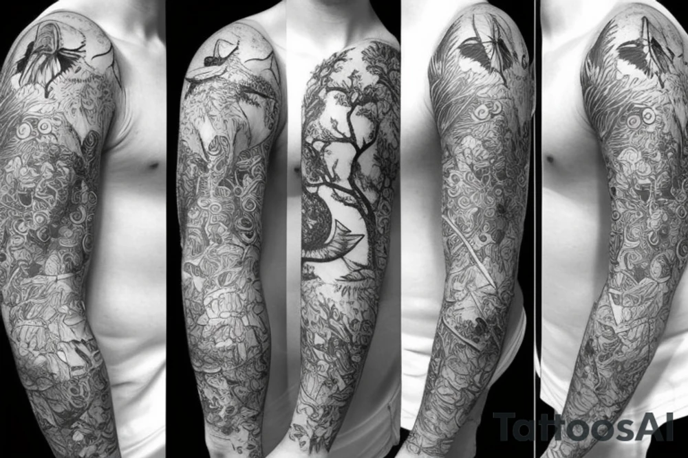Sleeve with animals, forest, mountains tattoo idea