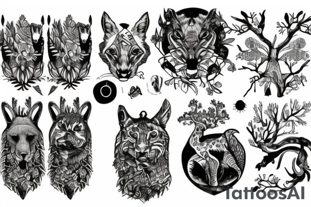 Sleeve with animals, forest, mountains tattoo idea