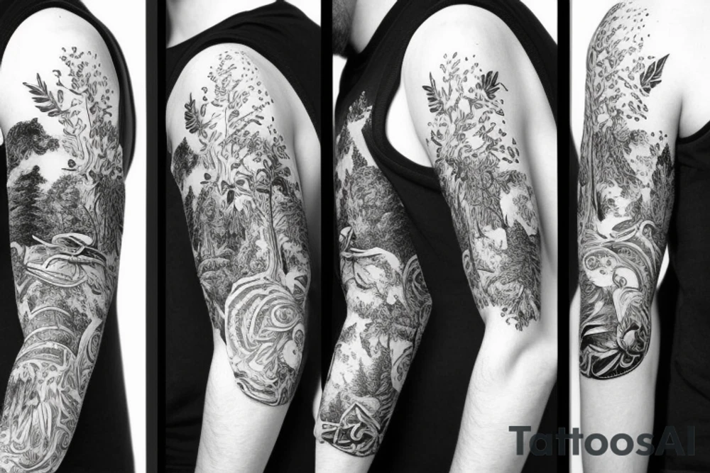 Sleeve with animals, forest, mountains tattoo idea