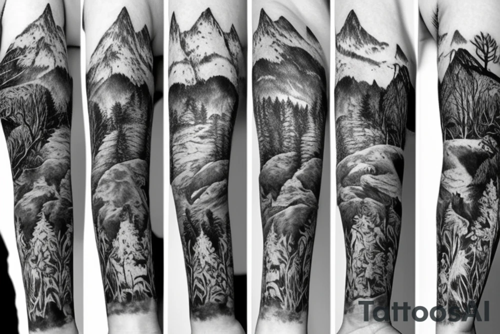 Sleeve with animals, forest, mountains tattoo idea