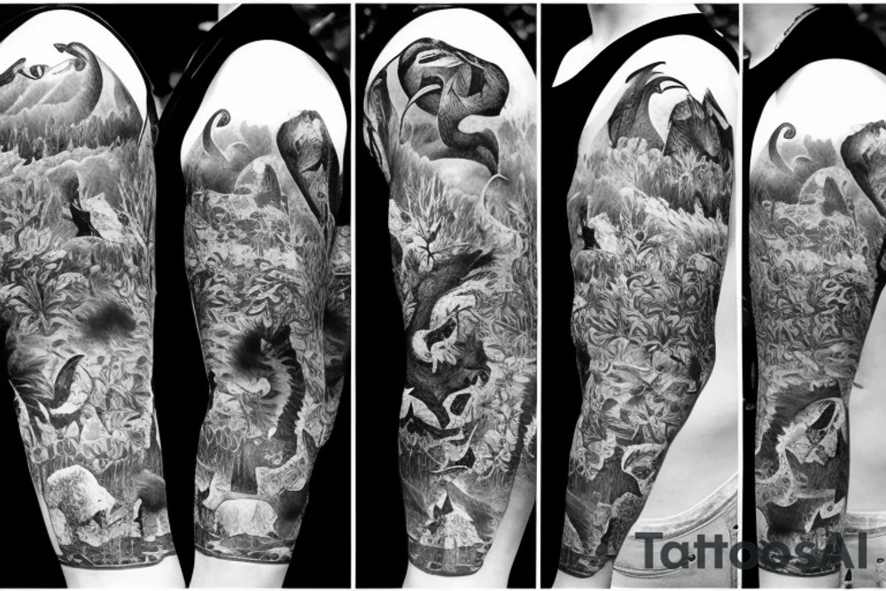 Sleeve with animals, forest, mountains tattoo idea